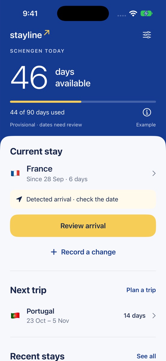 Stayline Today screen with days available, Record stay and Plan a trip actions