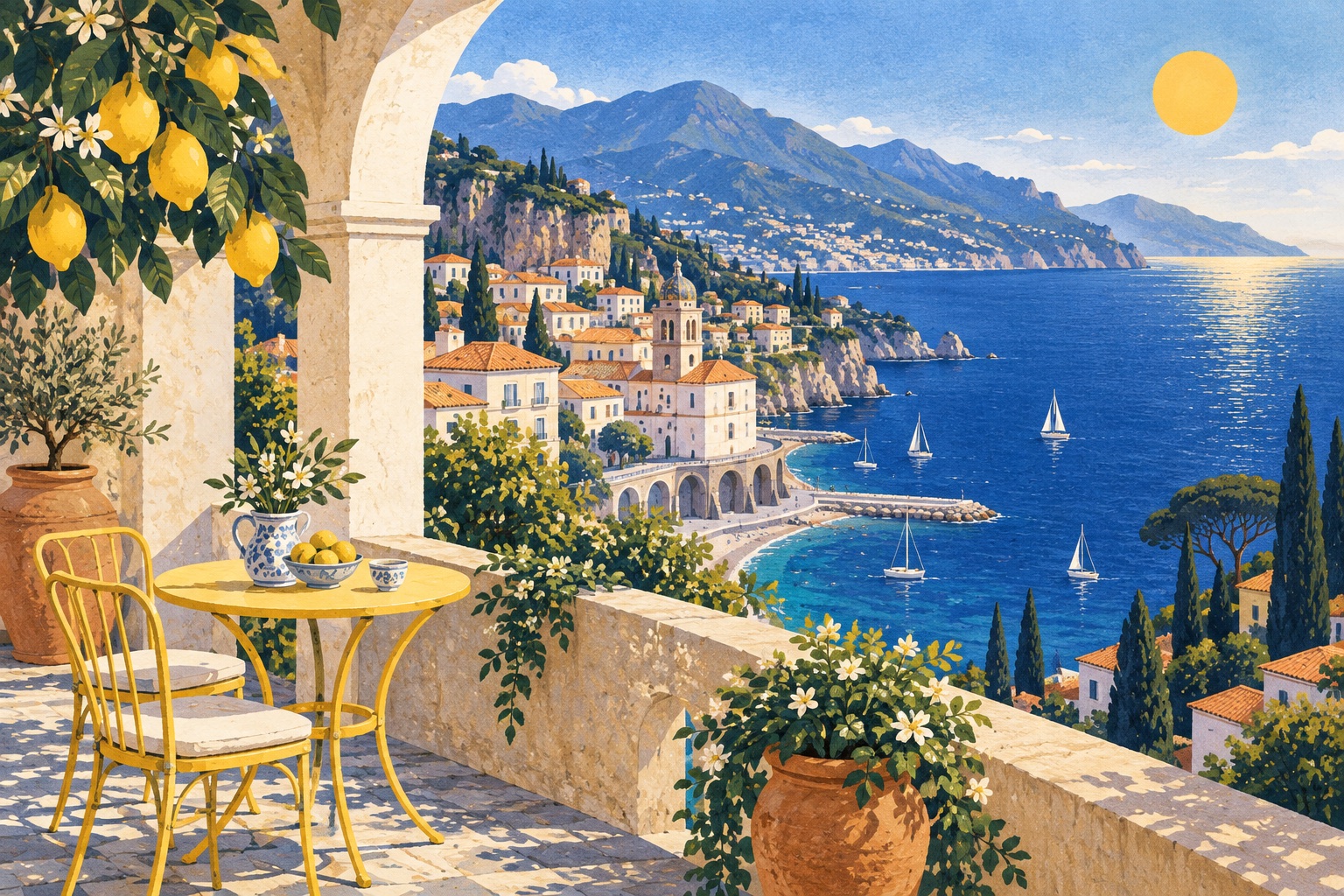 Illustration of a sunny Mediterranean terrace overlooking a blue sea